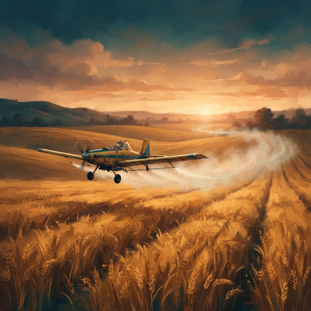 Stylized painting of an agricultural aircraft over golden fields at sunrise