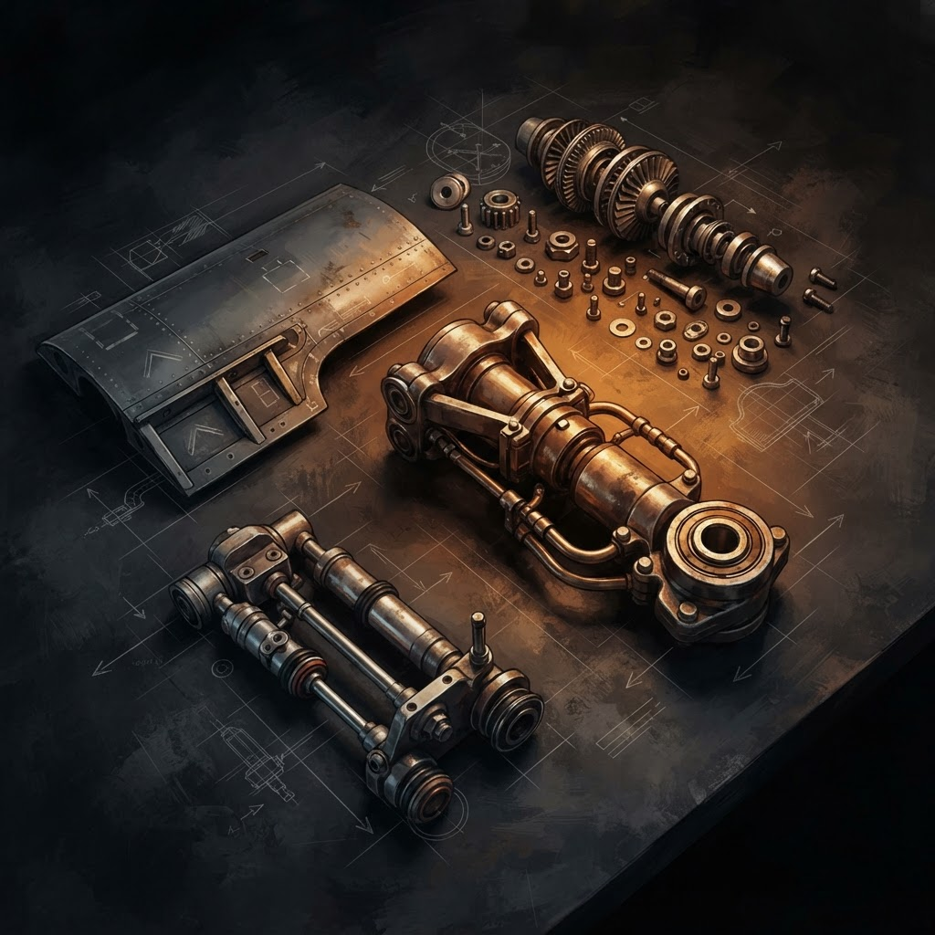 Stylized render of precision aircraft spare parts and components