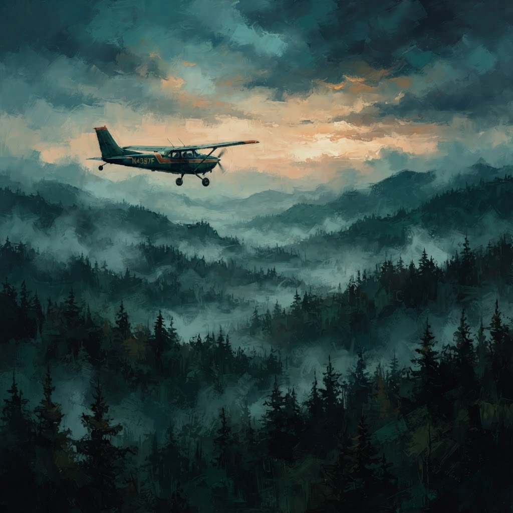 Stylized painting of a utility aircraft patrolling over evergreen forest
