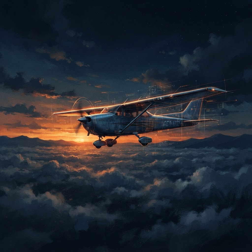 Stylized render of a light aircraft flying above clouds at dusk
