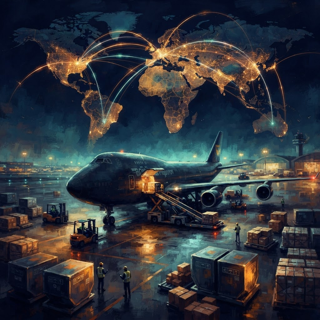 Stylized render of international air cargo logistics at a night airport