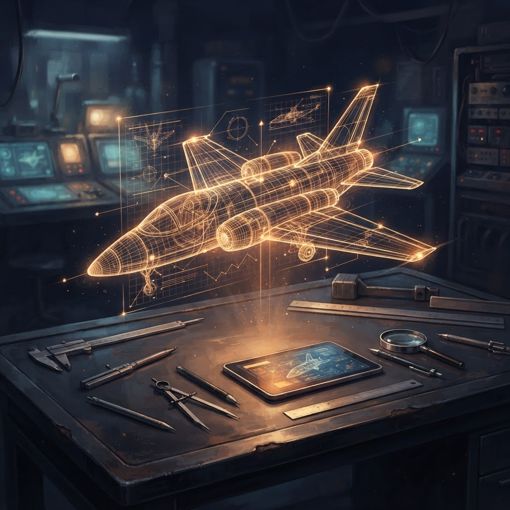 Stylized holographic wireframe blueprint of a small aircraft over a drafting table