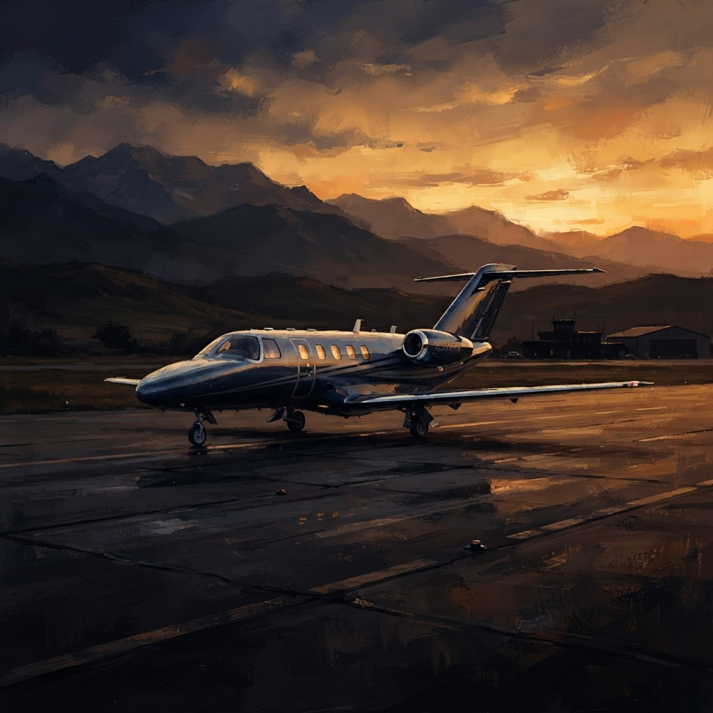 Stylized painting of a private light aircraft on a runway at golden hour